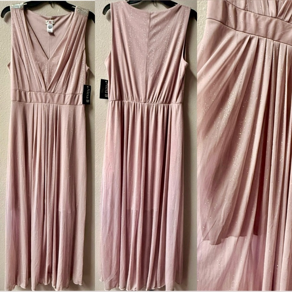 ALEX B NITES PINK SHIMMER OVER SKIRT DRESS W/SILVER JEWELLED SHOULDERS Sz.12~NWT